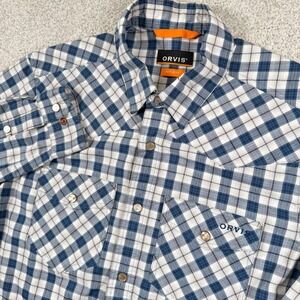 Orvis Snap Front Western Shirt Mens Medium Blue White Plaid Active Fit Outdoor